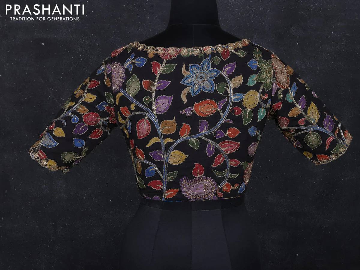Pen kalamkari readymade blouse black with allover kalamkari prints & embroidery work - Image 2
