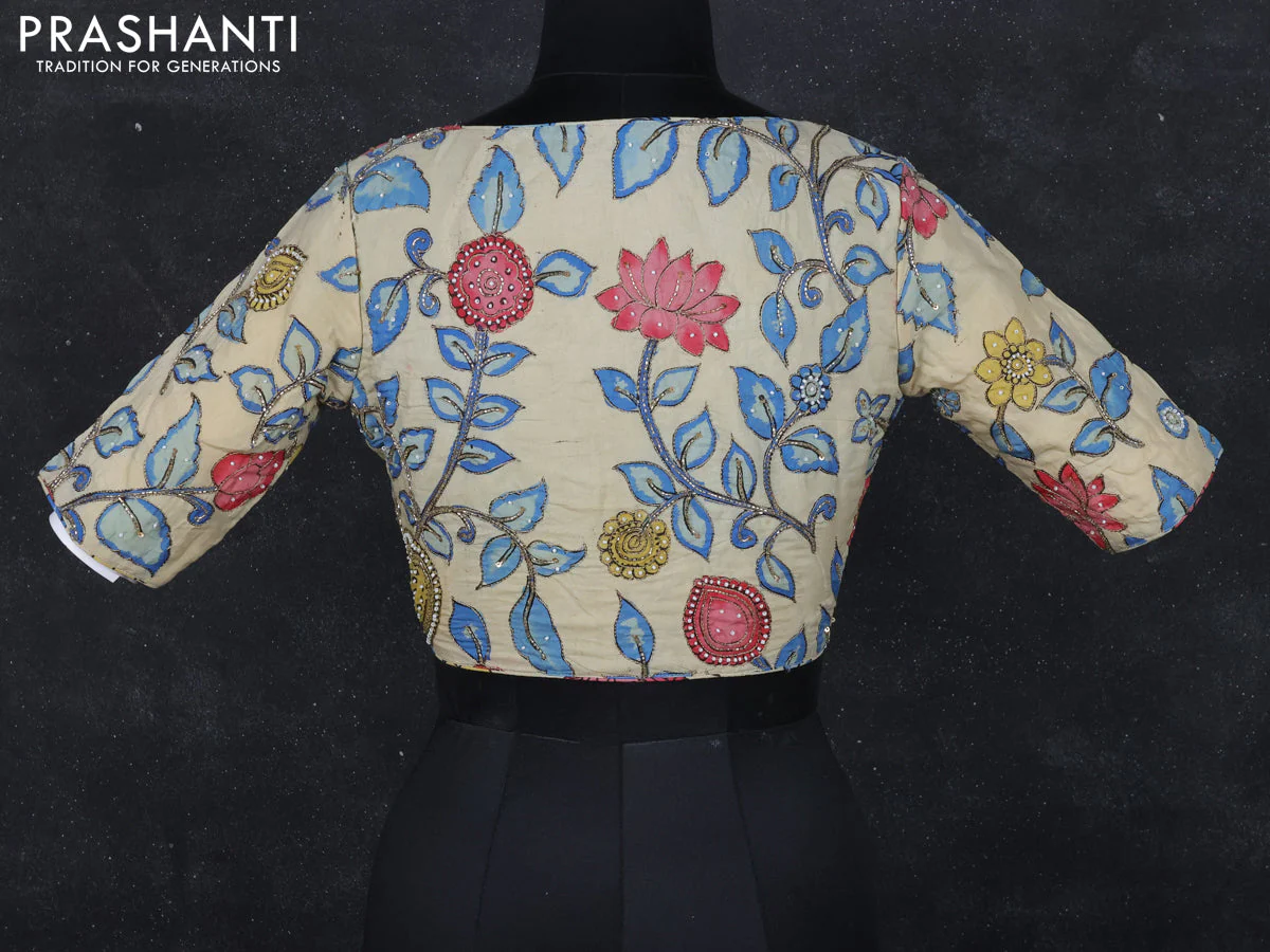 Pen kalamkari readymade blouse cream with allover kalamkari prints & embroidery work - Image 2