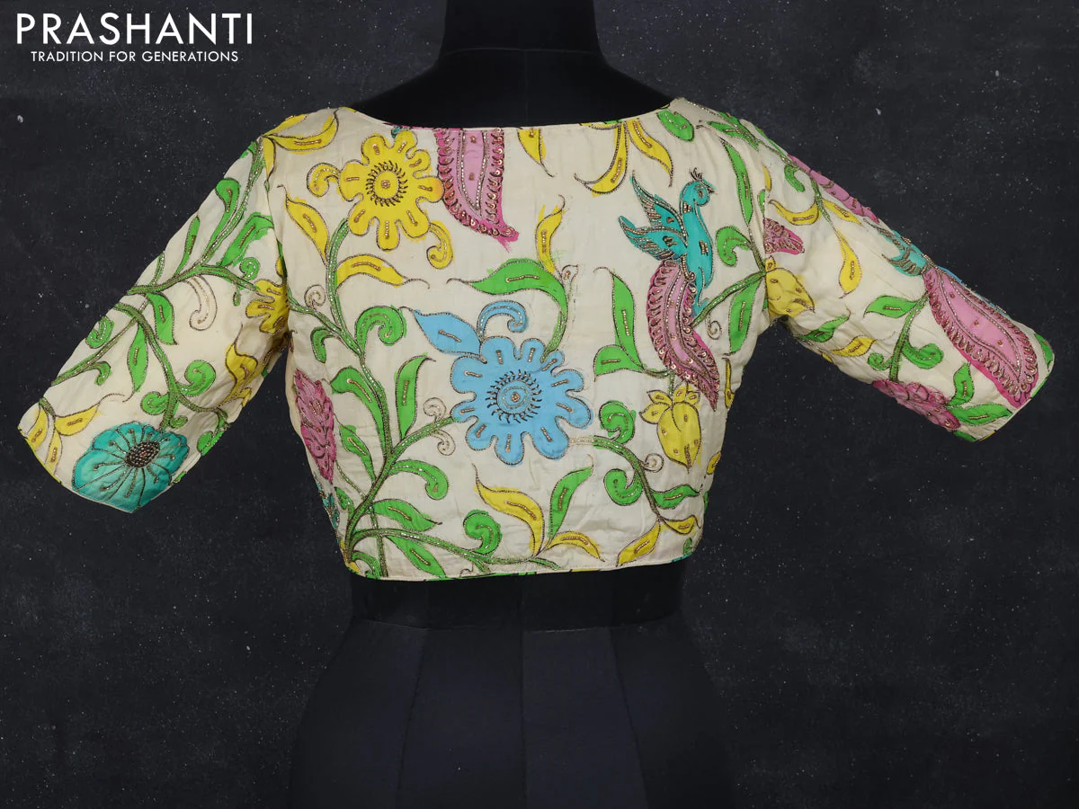 Pen kalamkari readymade blouse cream with allover kalamkari prints & embroidery work - Image 2