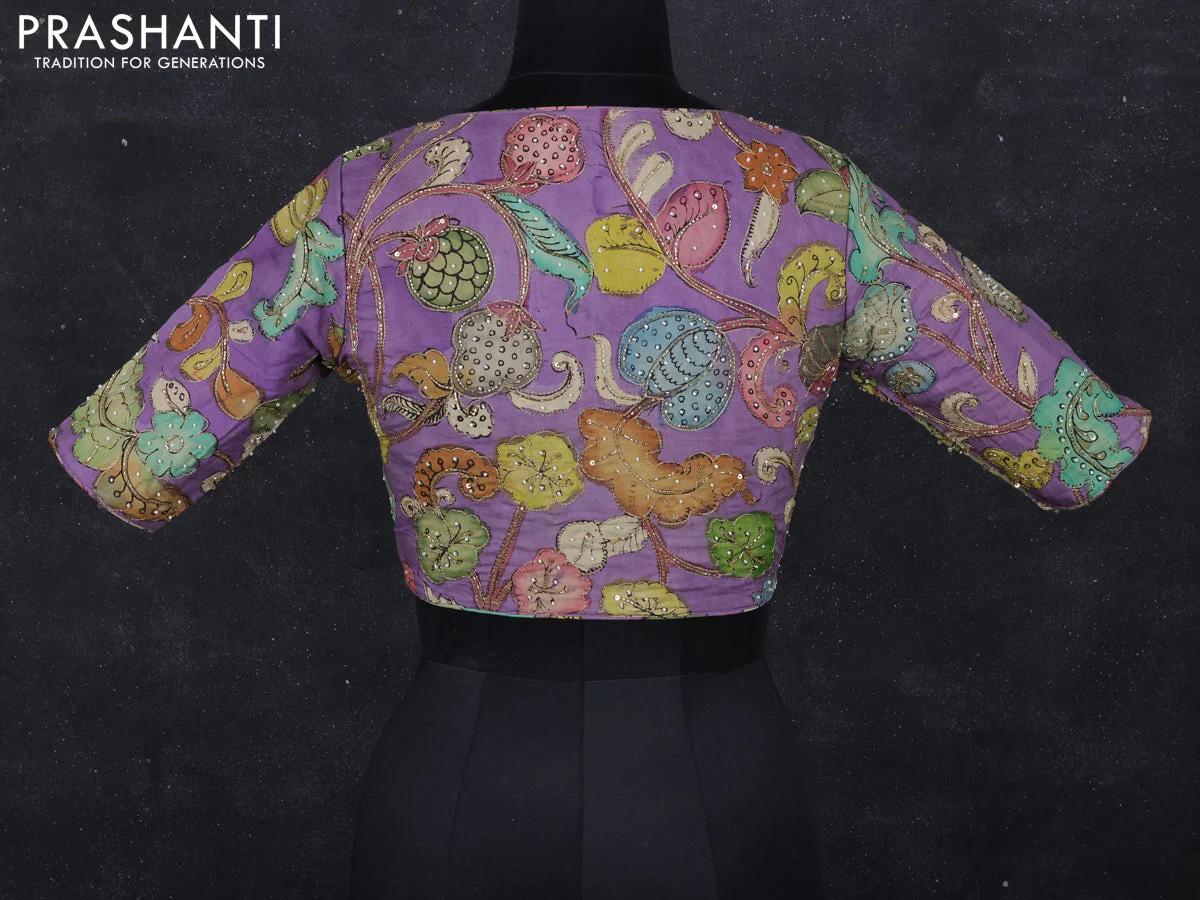 Pen kalamkari readymade blouse lavender with allover kalamkari prints & embroidery work - Image 2