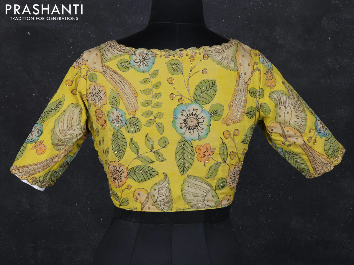Pen kalamkari readymade blouse lime yellow with allover kalamkari prints & embroidery work - Image 2