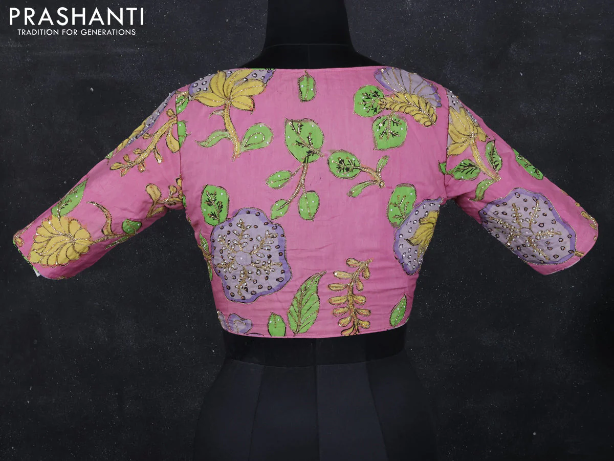 Pen kalamkari readymade blouse lotus pink with allover kalamkari prints & embroidery work - Image 2