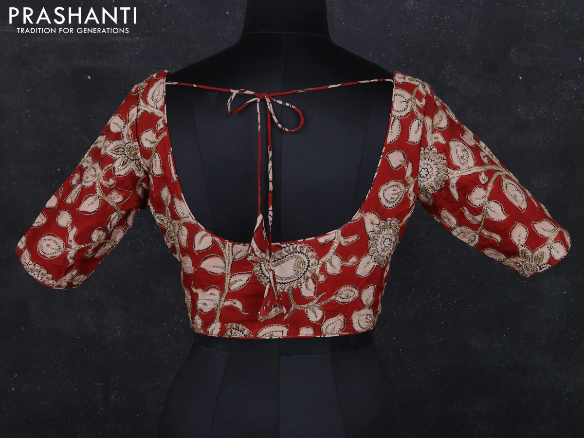 Pen kalamkari readymade blouse maroon with allover kalamkari prints & embroidery work - Image 2