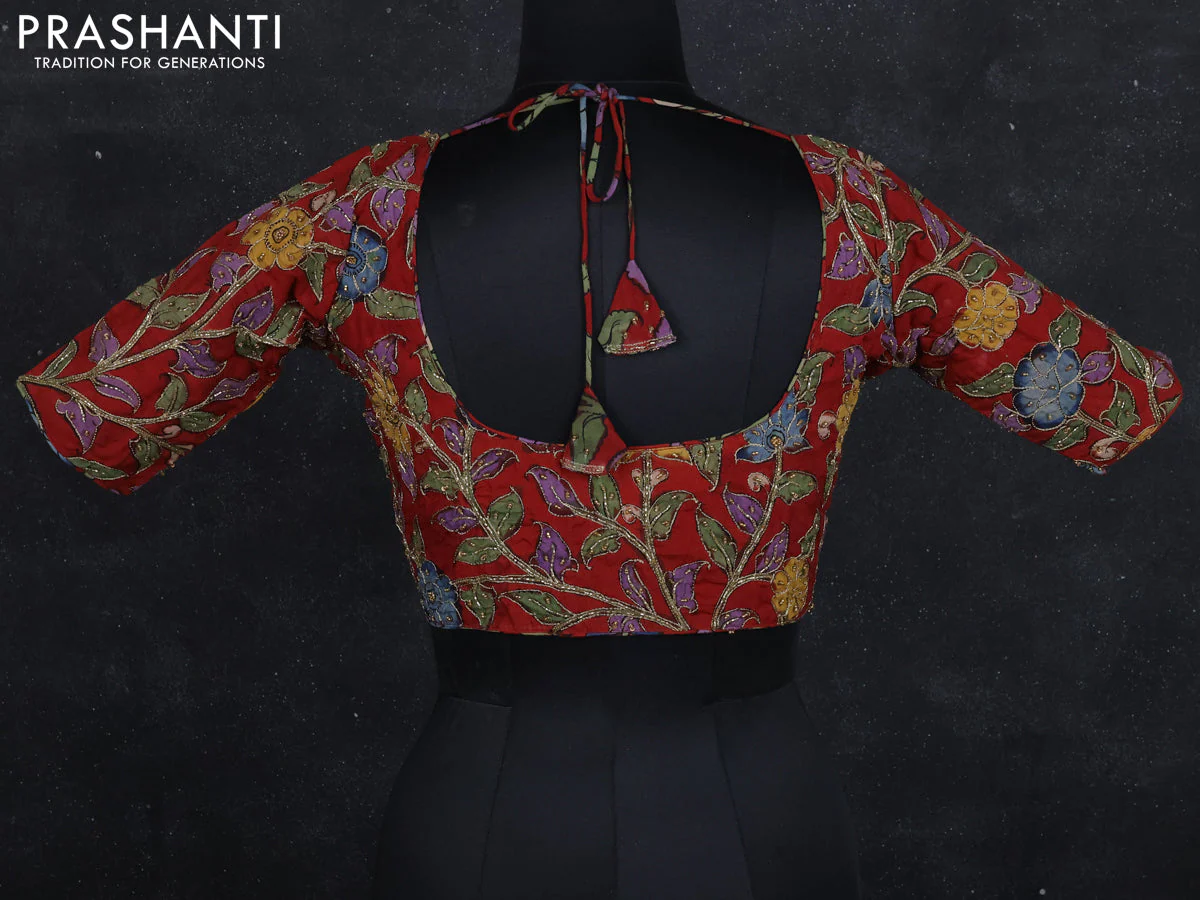 Pen kalamkari readymade blouse maroon with allover kalamkari prints & embroidery work - Image 2