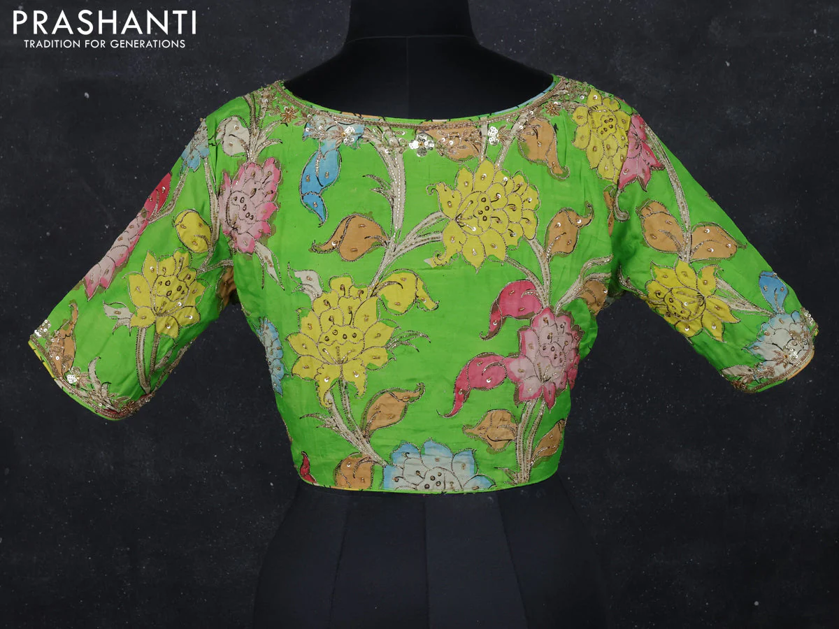 Pen kalamkari readymade blouse parrot green with allover kalamkari prints & embroidery work - Image 2