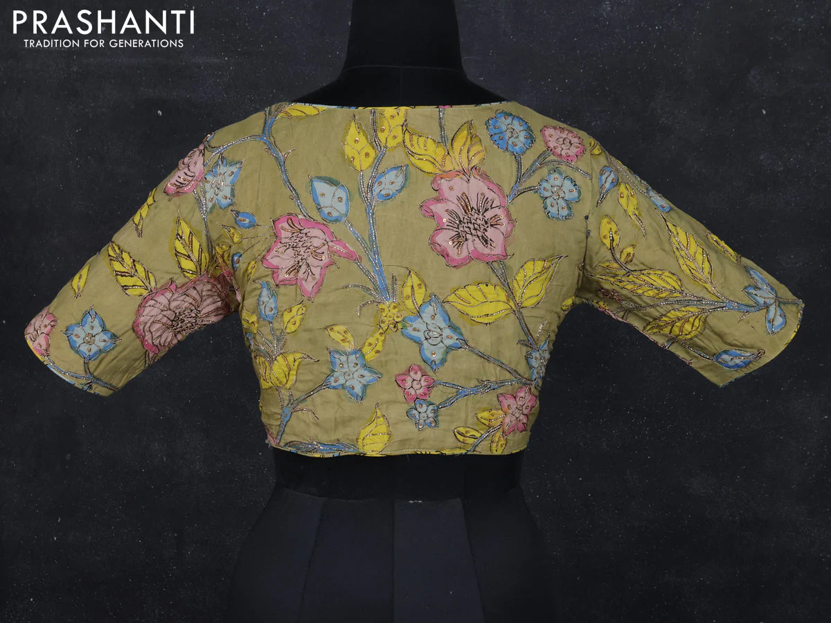 Pen kalamkari readymade blouse pastel green with allover kalamkari prints & pita work - Image 2