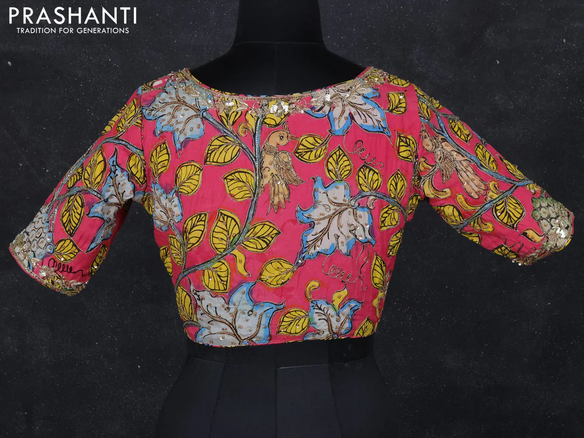 Pen kalamkari readymade blouse pink with allover kalamkari prints & embroidery work - Image 2