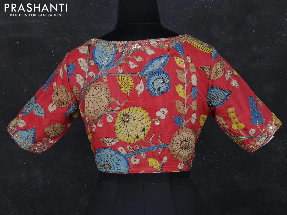 Pen kalamkari readymade blouse red with allover kalamkari prints & embroidery work - Image 2