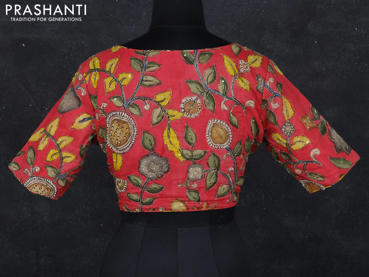 Pen kalamkari readymade blouse red with allover kalamkari prints & embroidery work - Image 2