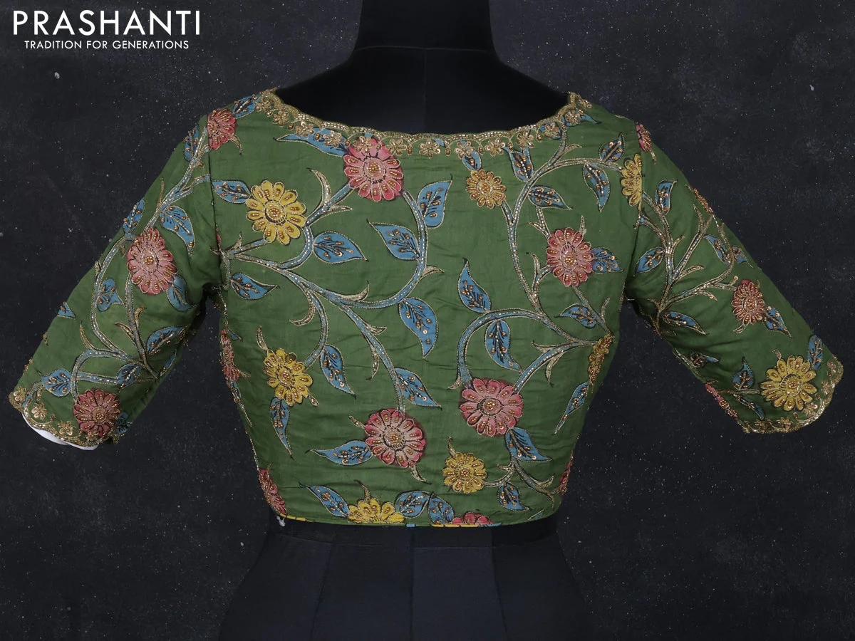 Pen kalamkari readymade blouse sap green with allover kalamkari prints & embroidery work - Image 2