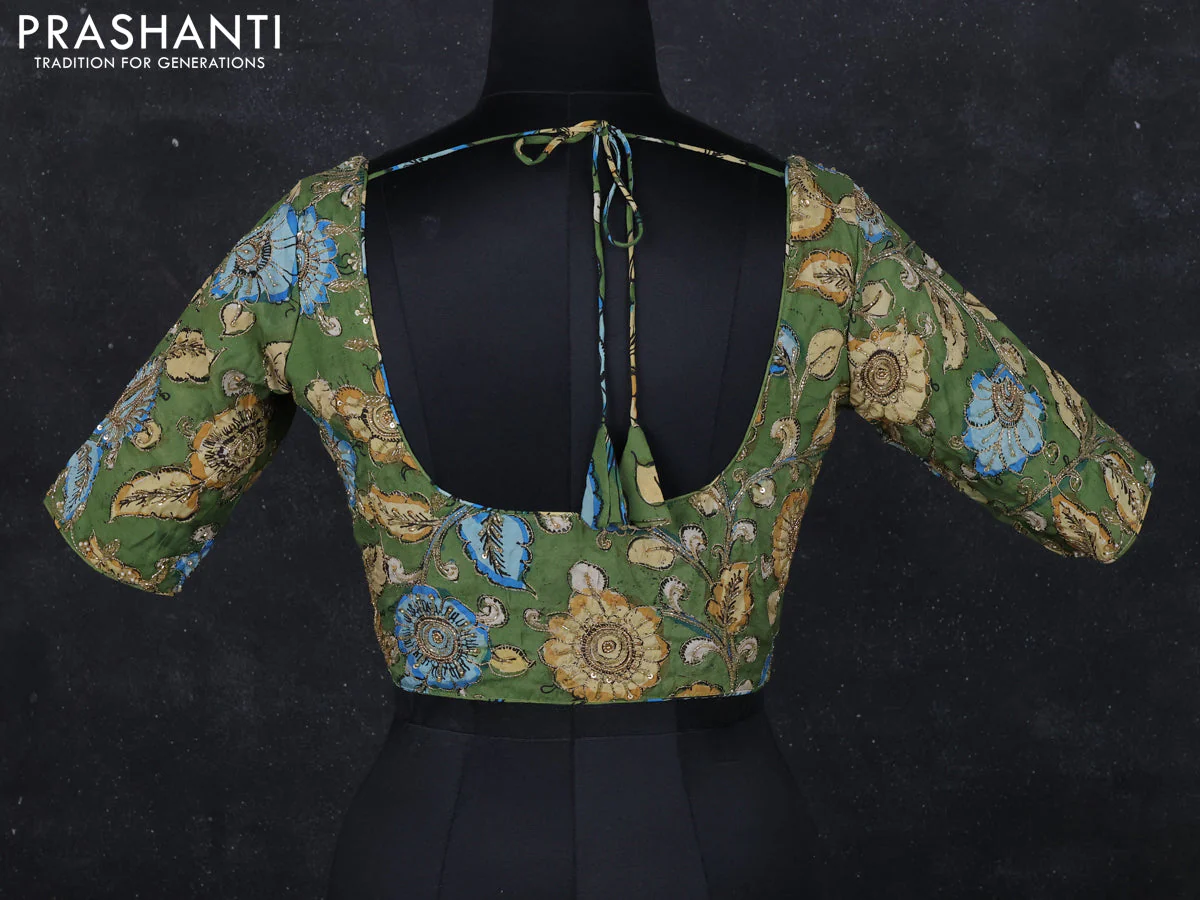Pen kalamkari readymade blouse sap green with allover kalamkari prints & embroidery work - Image 2