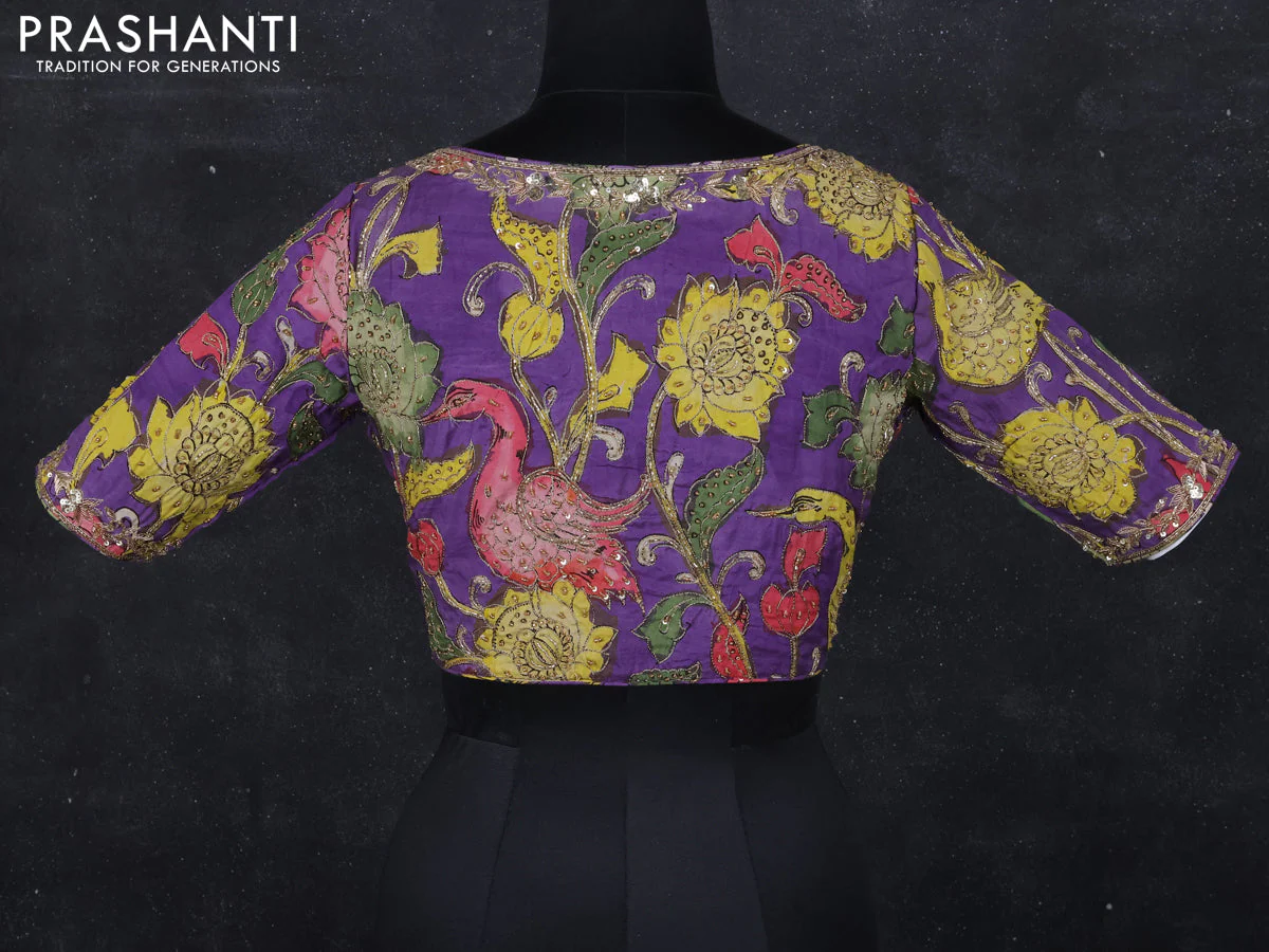 Pen kalamkari readymade blouse violet with allover kalamkari prints & embroidery work - Image 2
