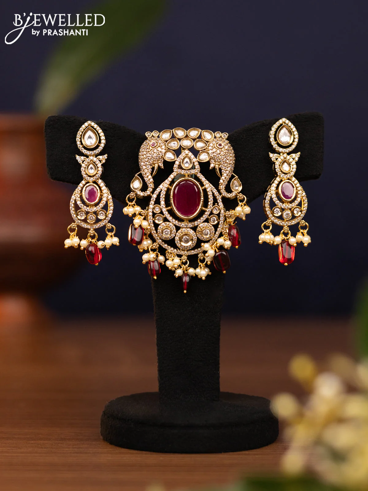 Pendant set elephant design with ruby & kundan cz stones and pearl & maroon beads hangings in victorian finish