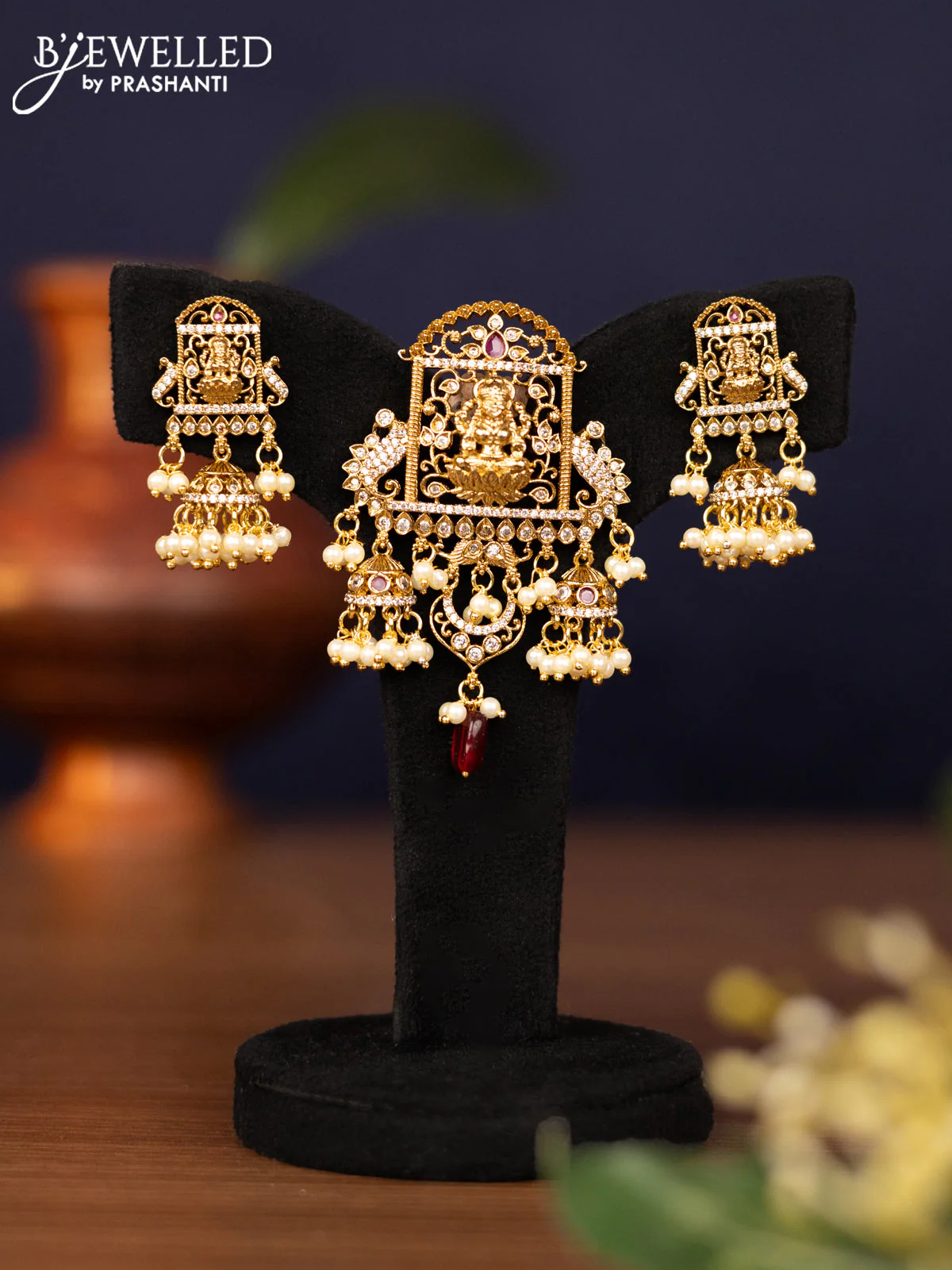 Pendant set lakshmi design with ruby & cz stones and pearl & maroon beads hangings in victorian finish