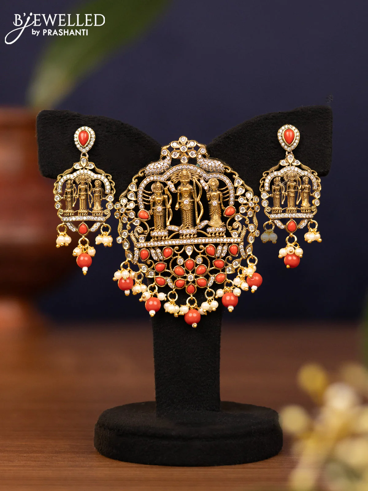 Pendant set ramdarbar design with pavalam & cz stones and pearl & beads hangings in victorian finish