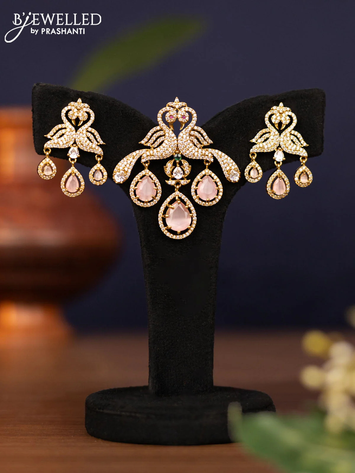 Pendant sets double peacock design with baby pink & emerald and cz stones in victorian finish