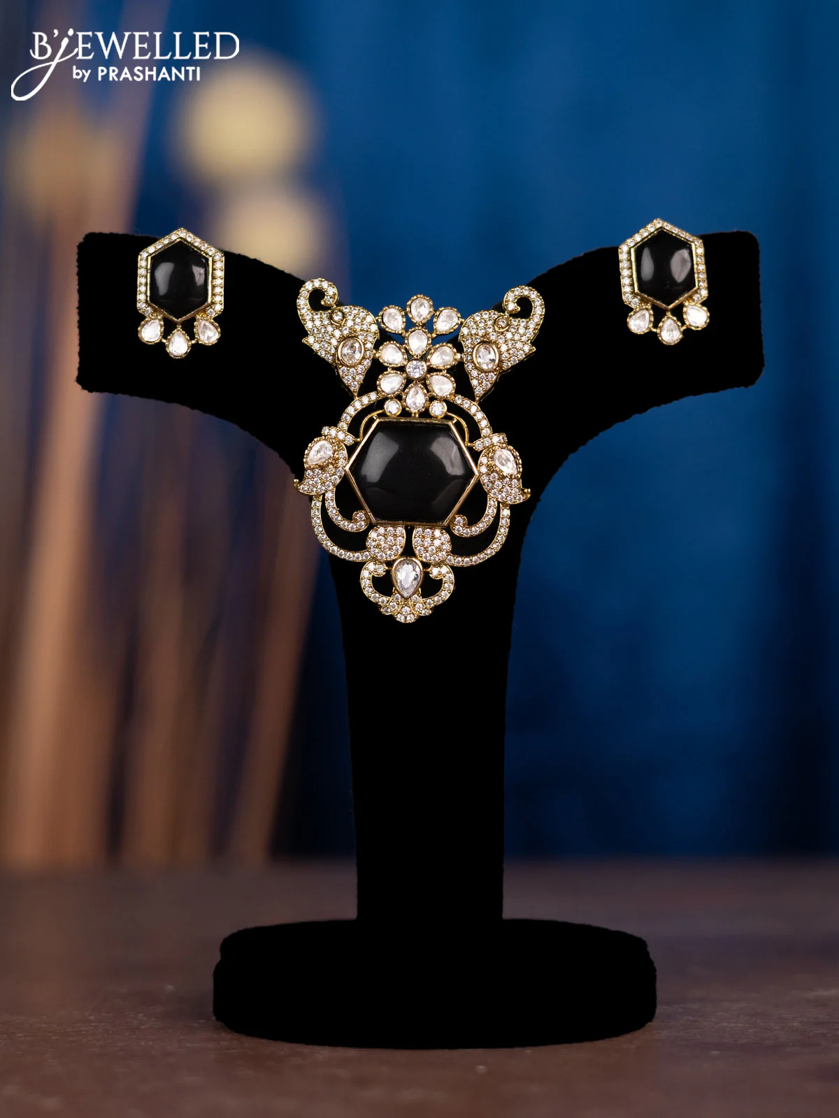 Pendant sets elephant design with black & kundan and cz stones in victorian finish
