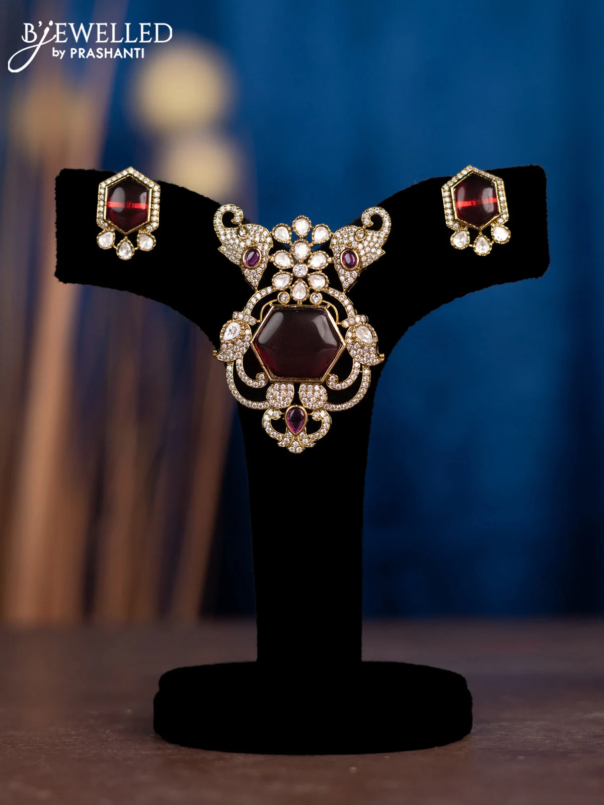 Pendant sets elephant design with ruby & kundan and cz stones in victorian finish