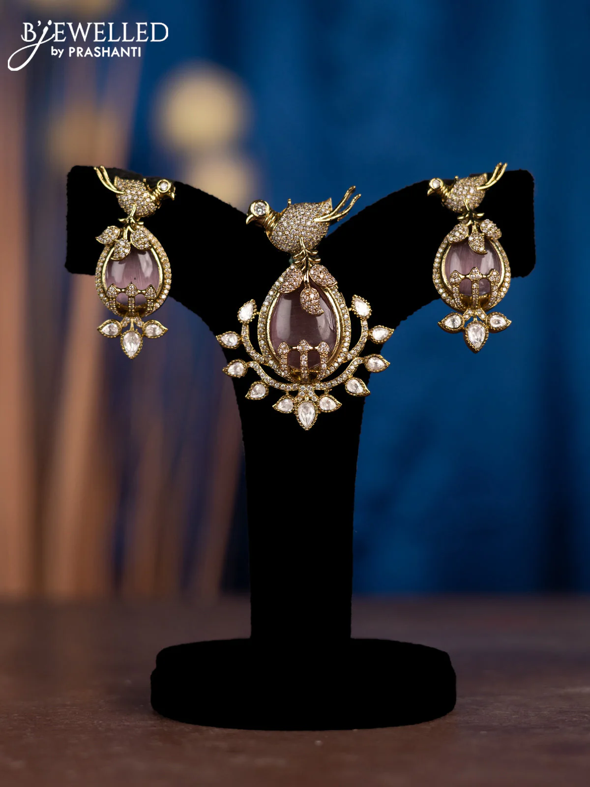 Pendant sets parrot design with baby pink & kundan and cz stones in victorian finish