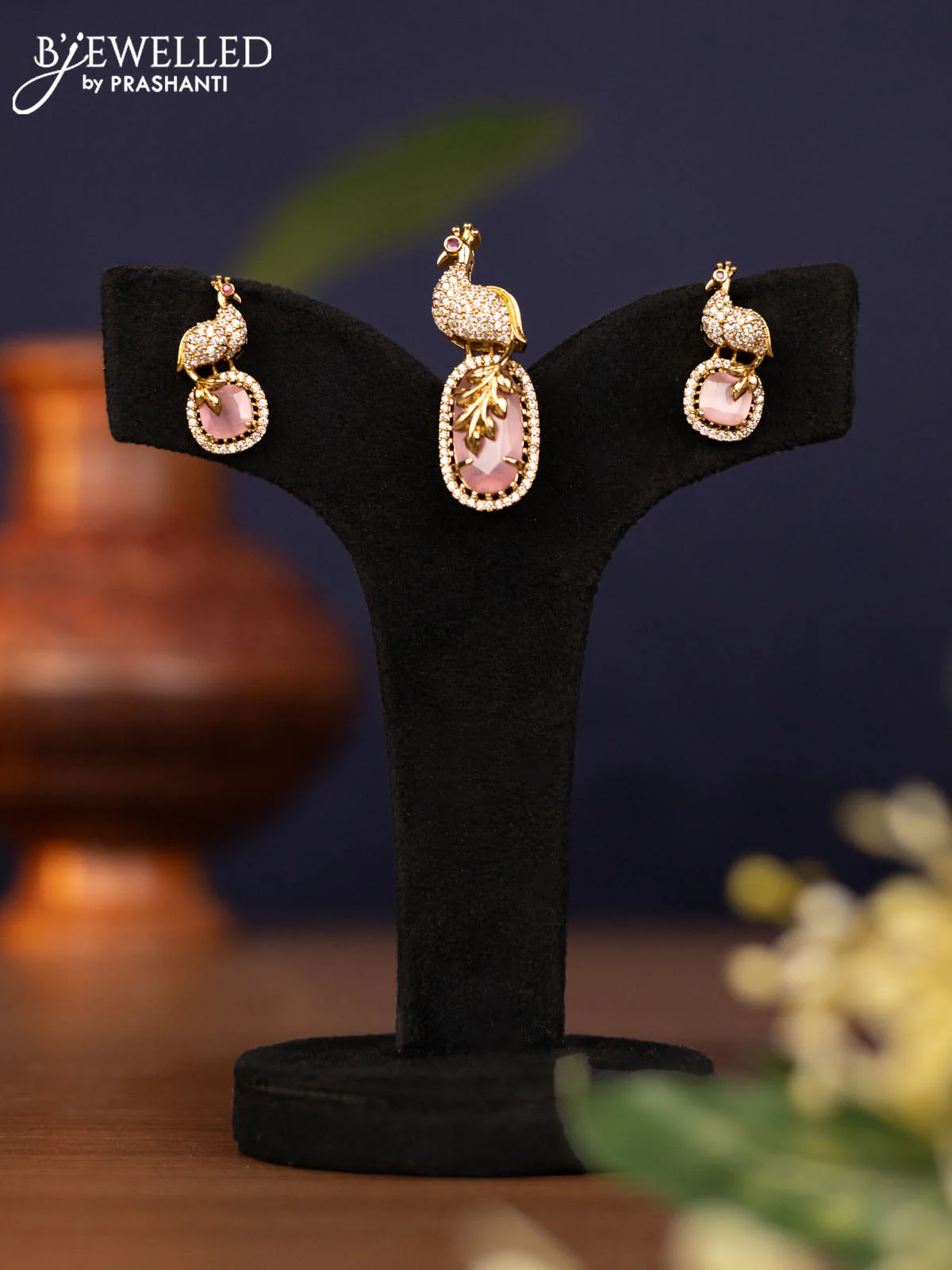 Pendant sets peacock design with baby pink and cz stones in victorian finish
