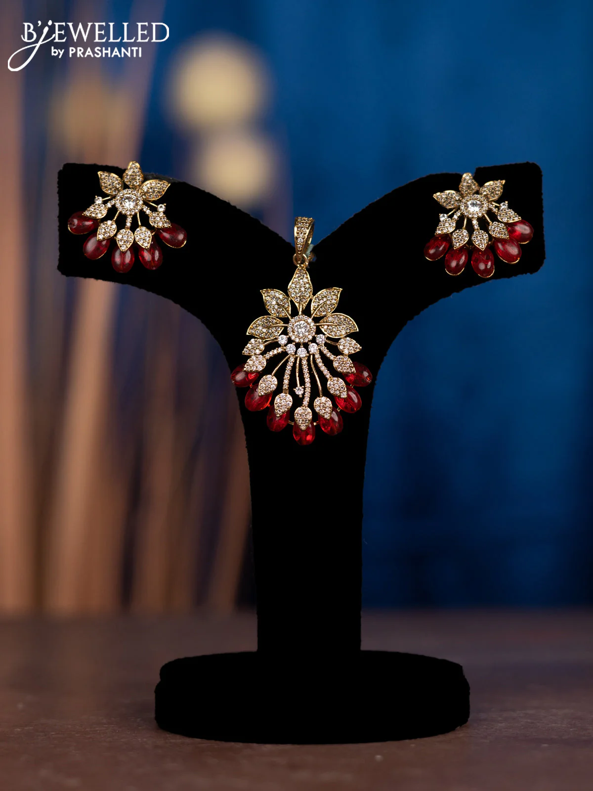 Pendant sets with cz stones and maroon beads in victorian finish