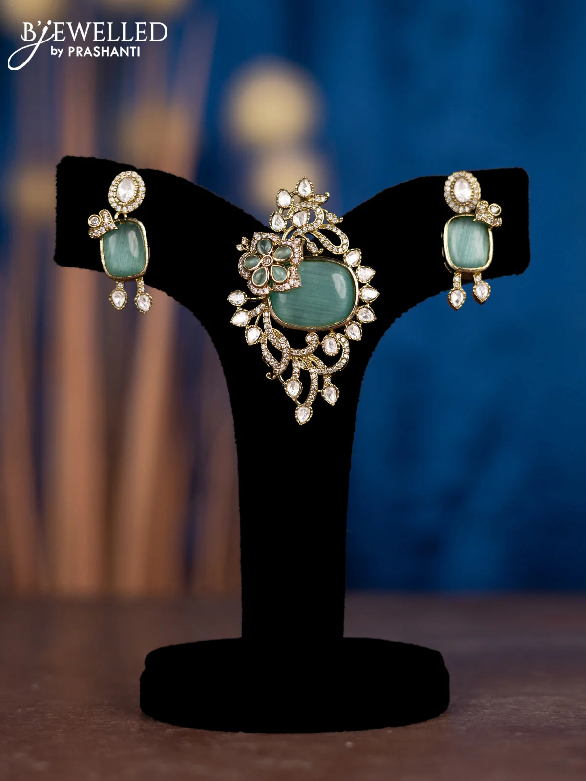 Pendant sets with mint green & kundan and cz stones in victorian finish