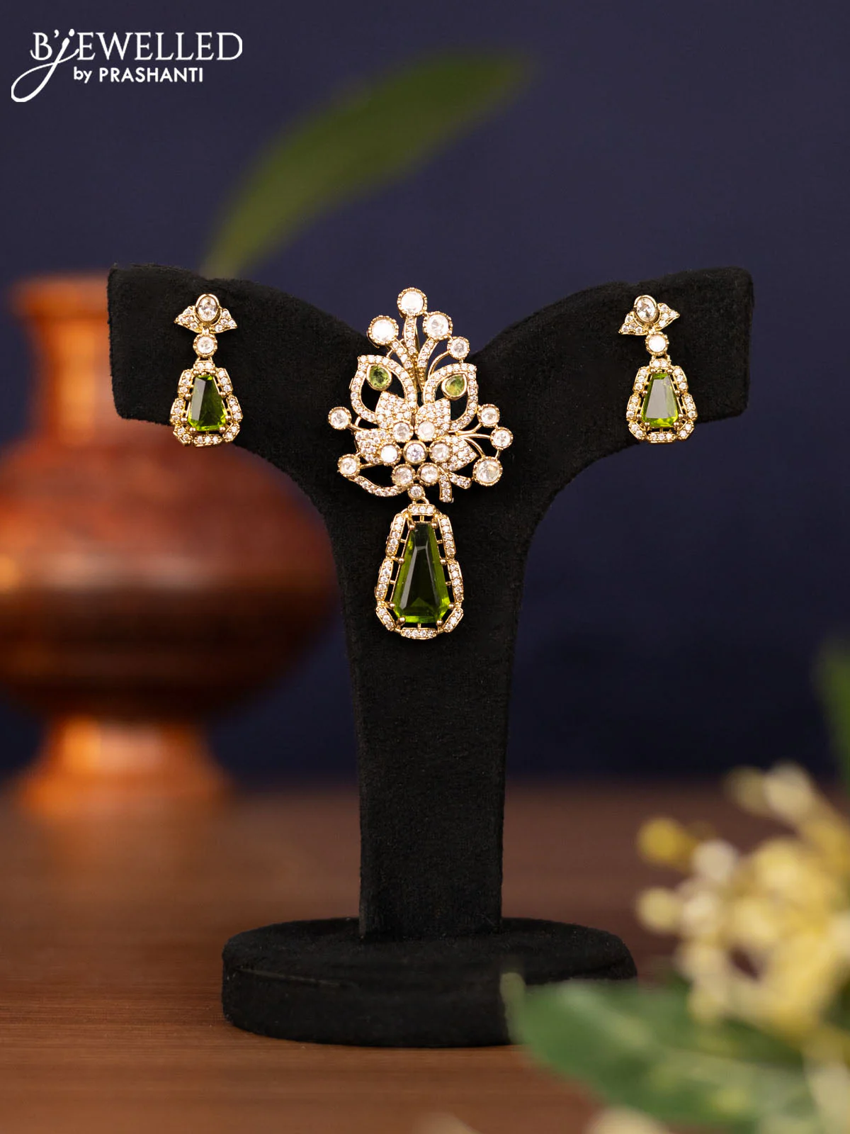 Pendant sets with sap green & kundan and cz stones in victorian finish