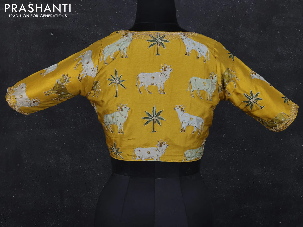 Pichwai readymade blouse mustard yellow with allover prints & pita work - Image 2
