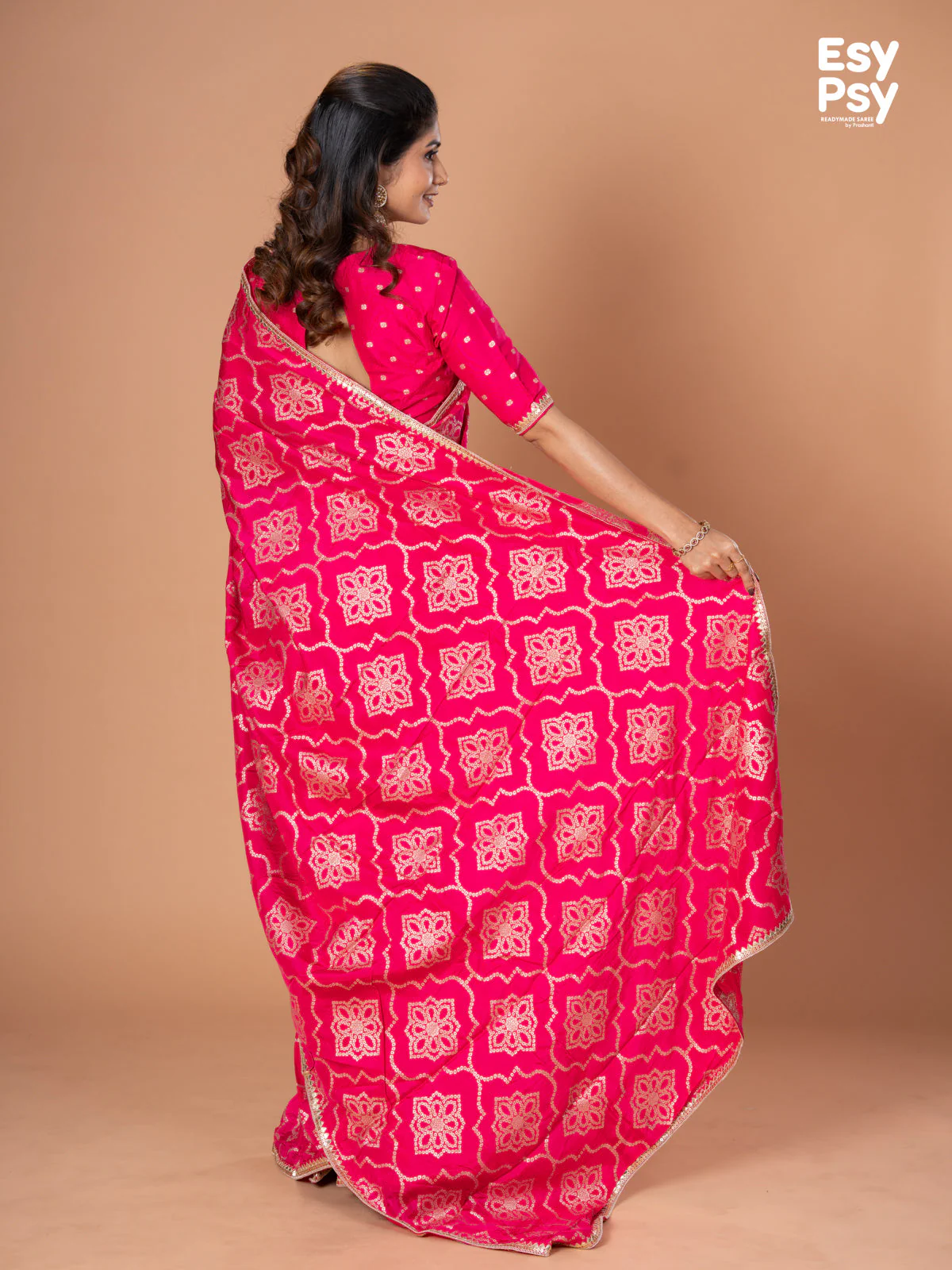 Pink Banarasi Silk readymade saree with zari butta readymade blouse - Image 2