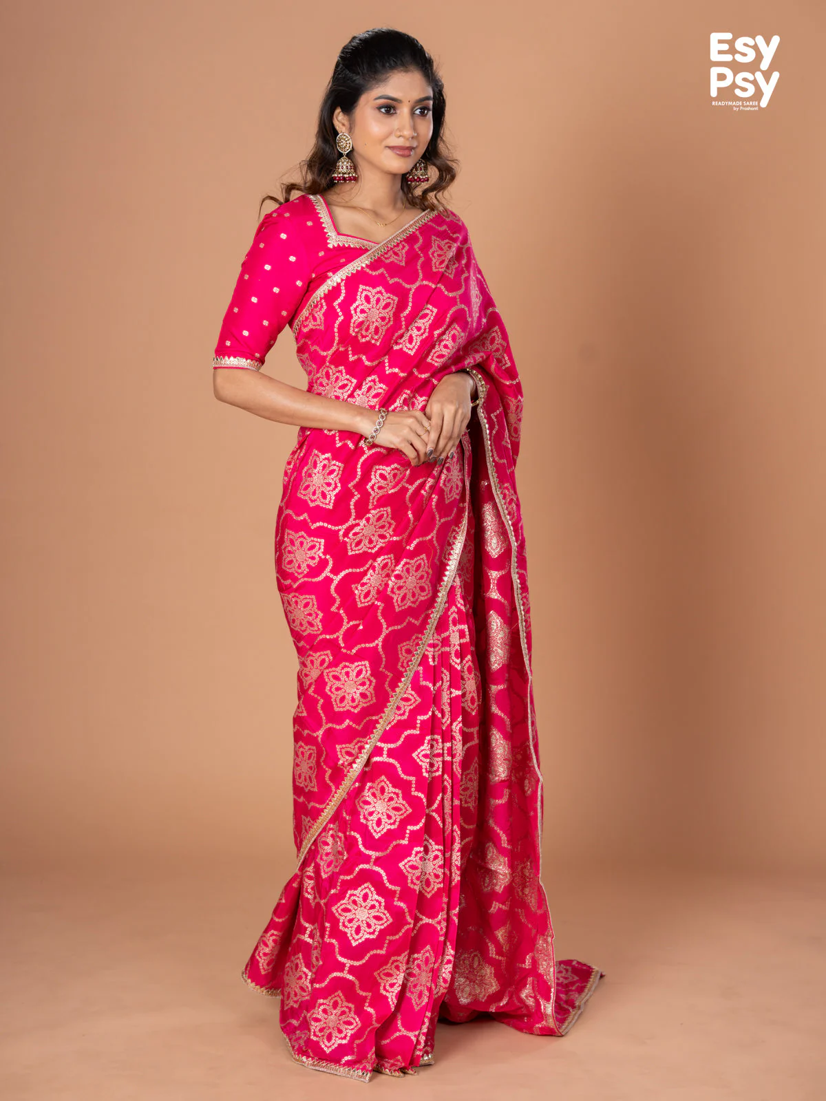 Pink Banarasi Silk readymade saree with zari butta readymade blouse - Image 3