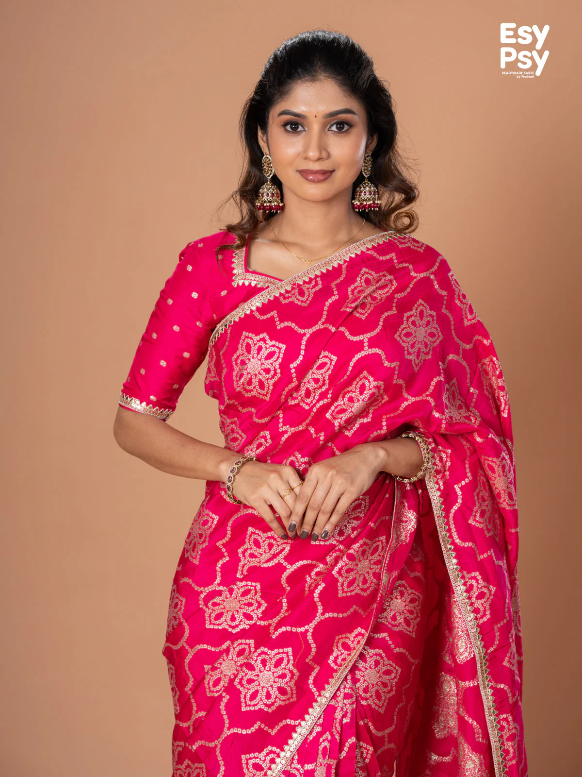 Pink Banarasi Silk readymade saree with zari butta readymade blouse - Image 4