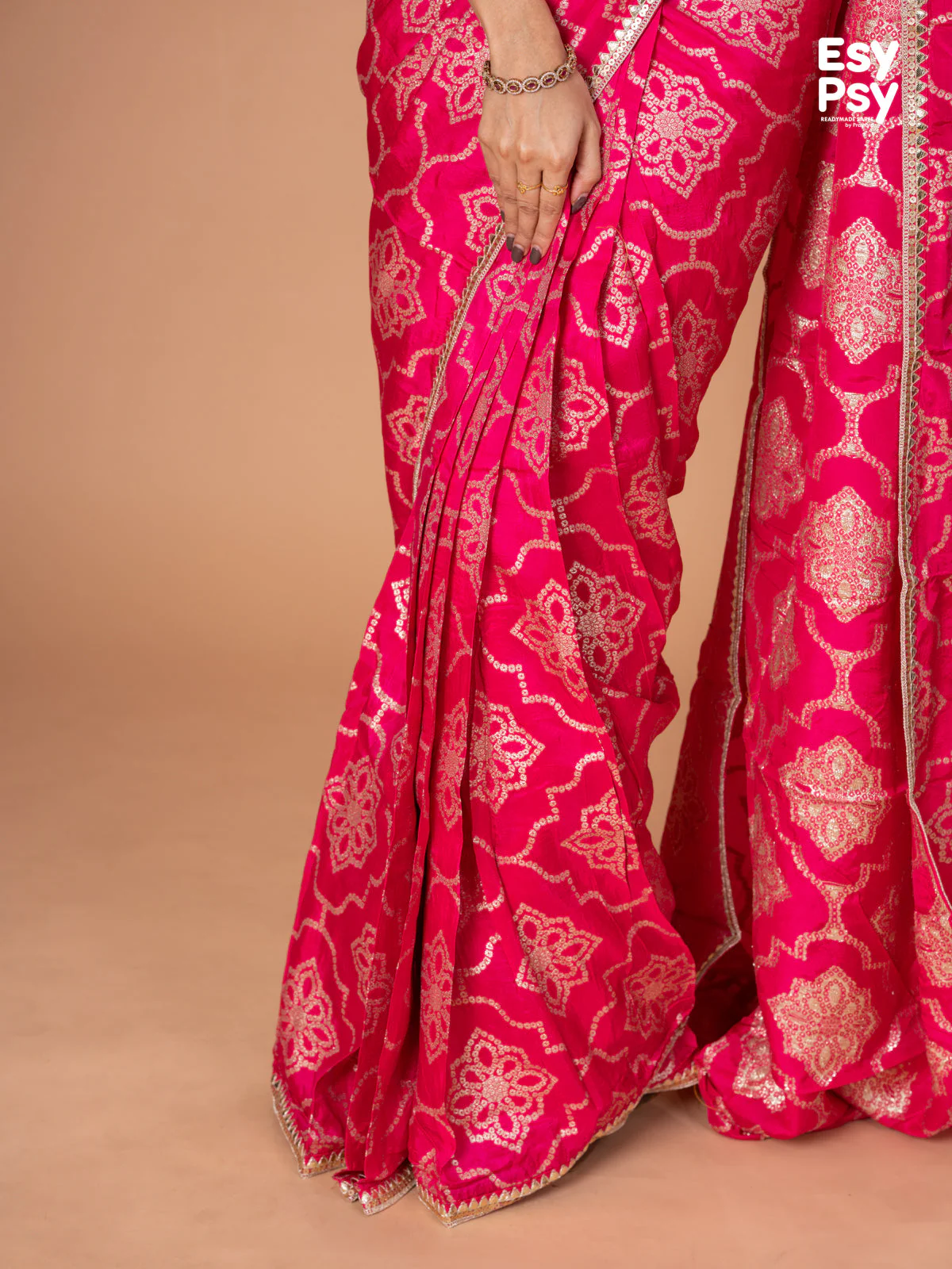 Pink Banarasi Silk readymade saree with zari butta readymade blouse - Image 5
