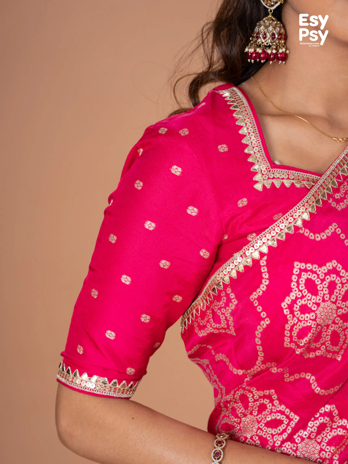 Pink Banarasi Silk readymade saree with zari butta readymade blouse - Image 6