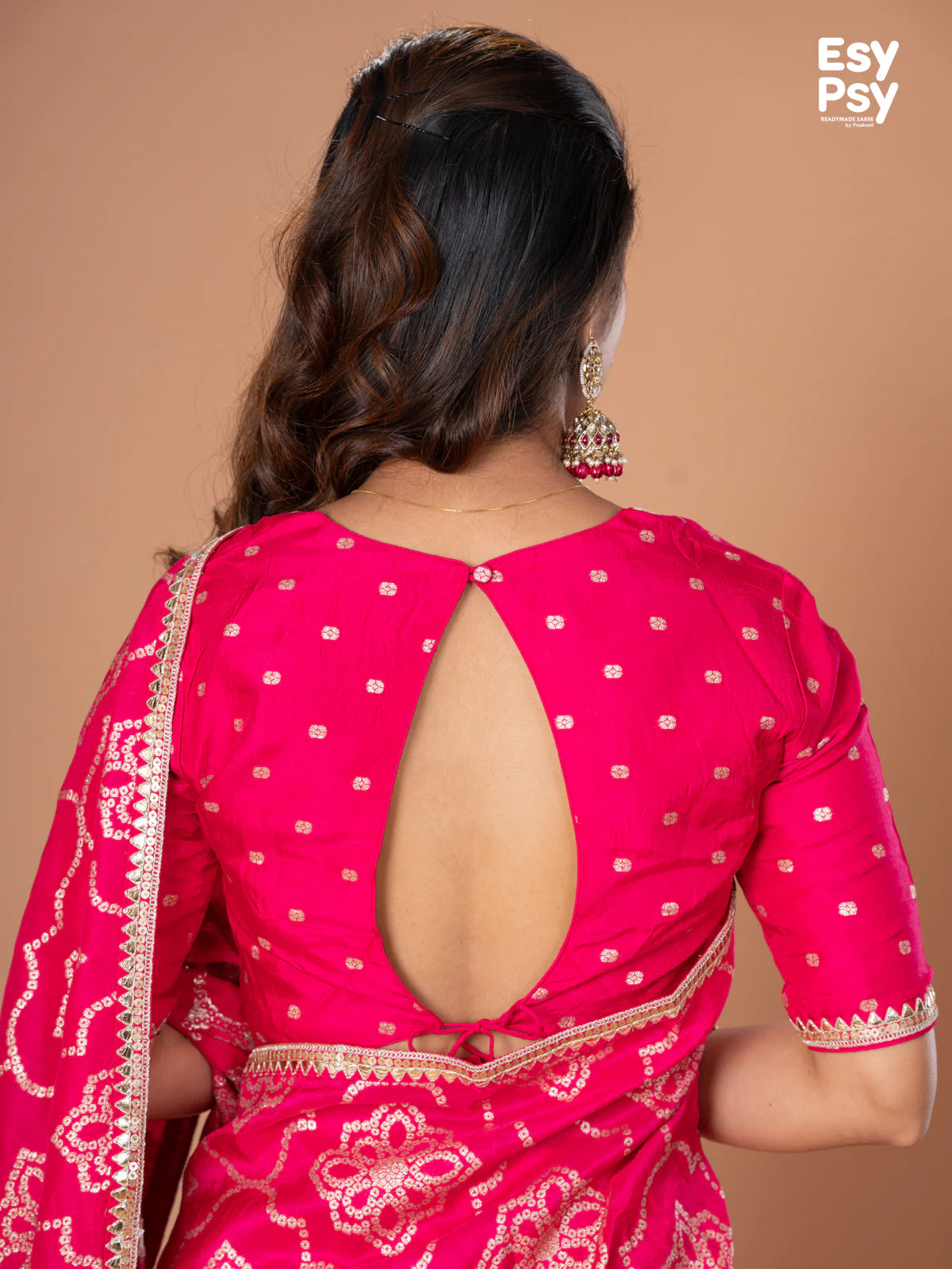 Pink Banarasi Silk readymade saree with zari butta readymade blouse - Image 7