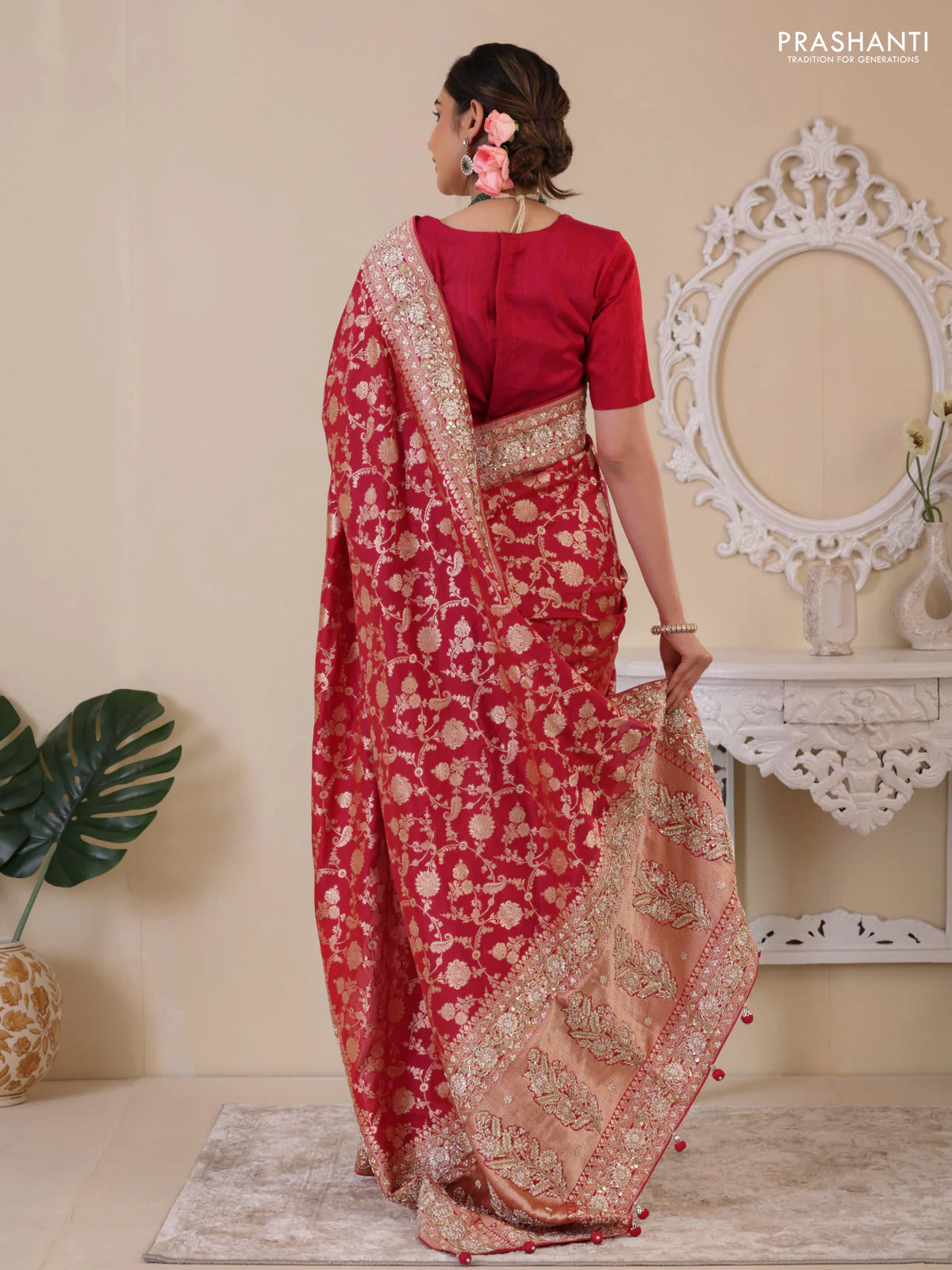Pink Banarasi Uppada silk saree with allover zari weaves & embroidery border - Image 2