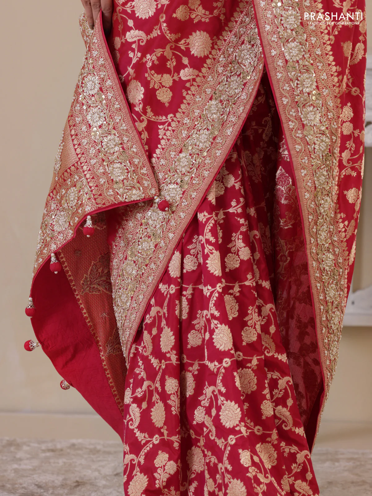 Pink Banarasi Uppada silk saree with allover zari weaves & embroidery border - Image 3