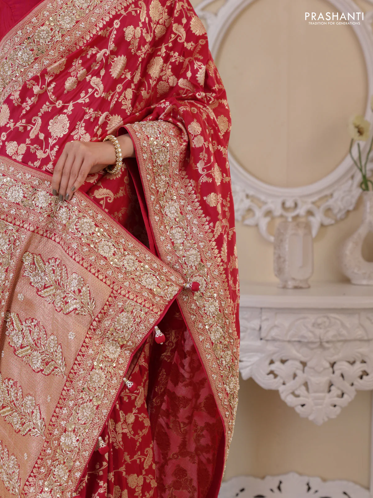 Pink Banarasi Uppada silk saree with allover zari weaves & embroidery border - Image 4