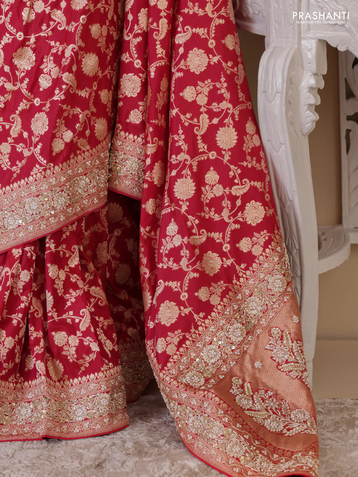 Pink Banarasi Uppada silk saree with allover zari weaves & embroidery border - Image 5