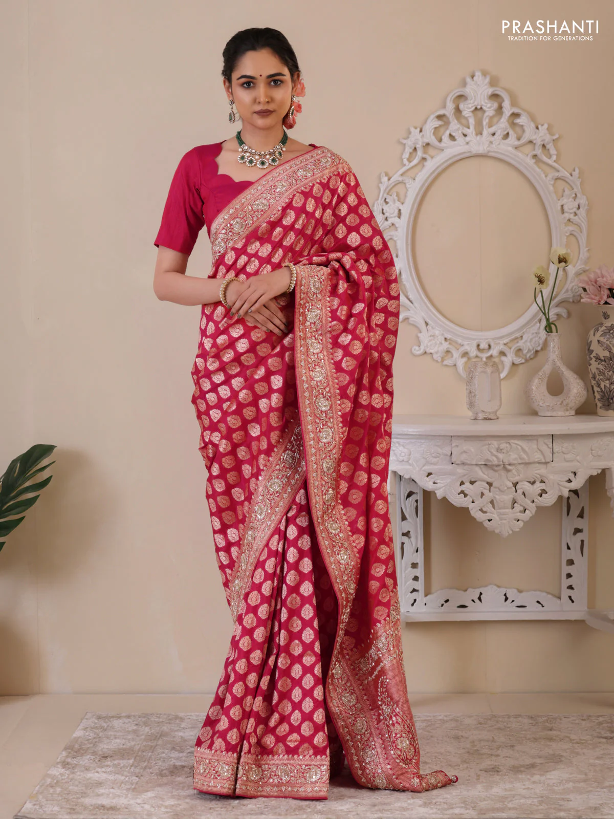Pink Banarasi Uppada silk saree with allover zari woven buttas & embroidery border