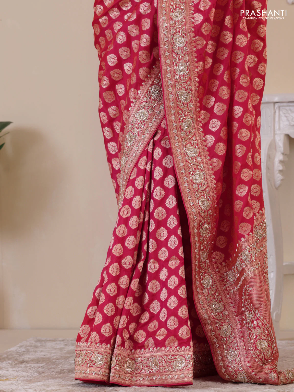 Pink Banarasi Uppada silk saree with allover zari woven buttas & embroidery border - Image 3