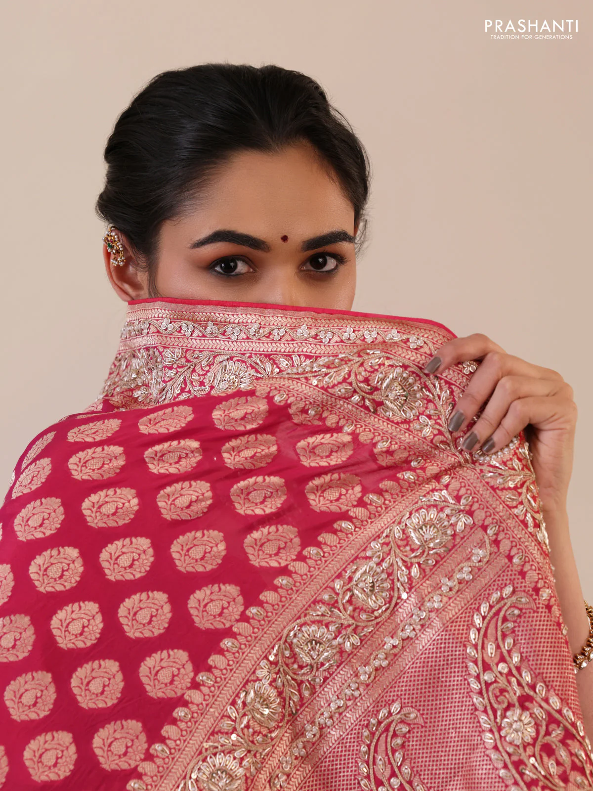 Pink Banarasi Uppada silk saree with allover zari woven buttas & embroidery border - Image 5