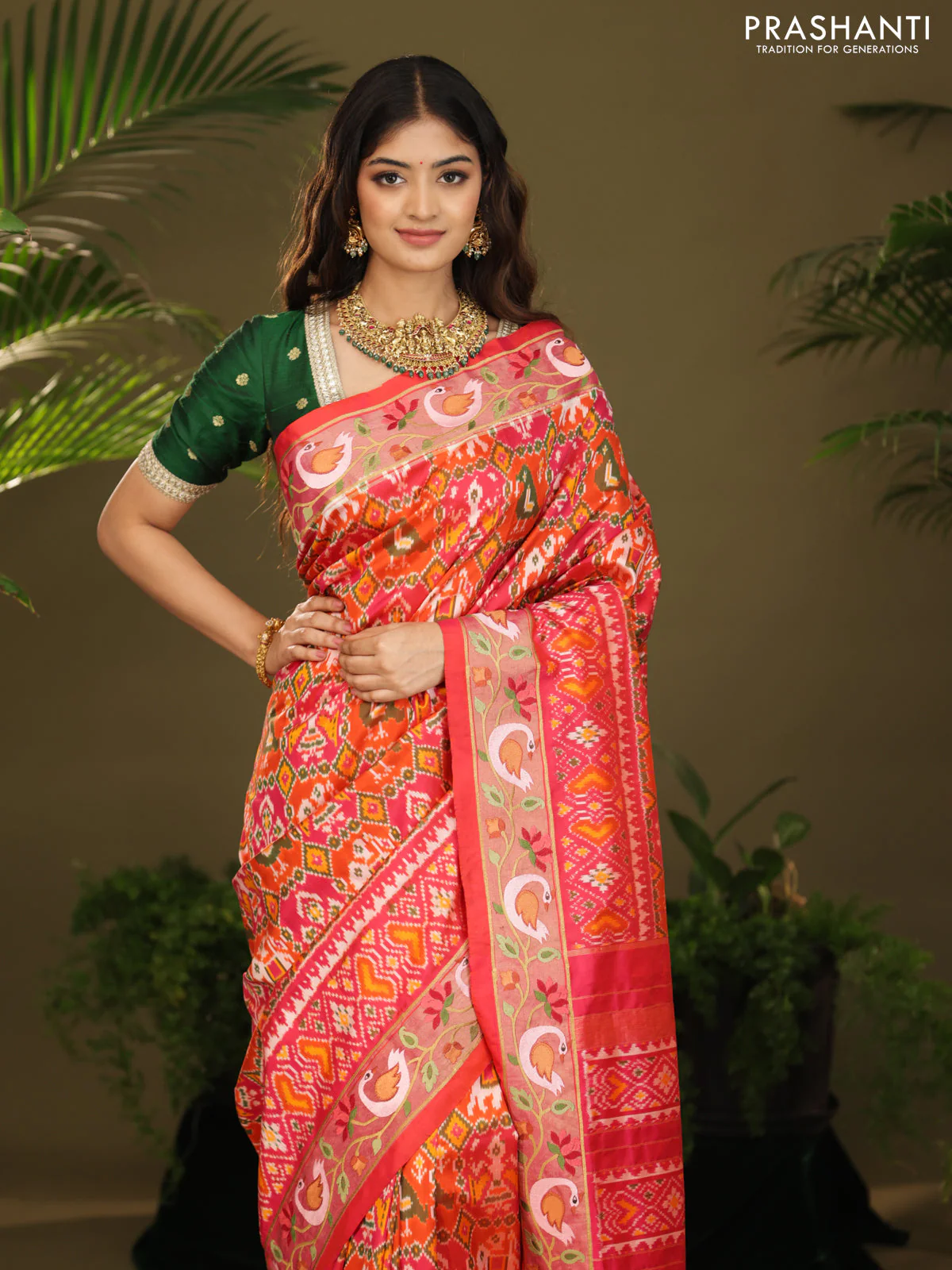 Pink & orange Pochampally Silk saree with Border Embroidery - Image 3