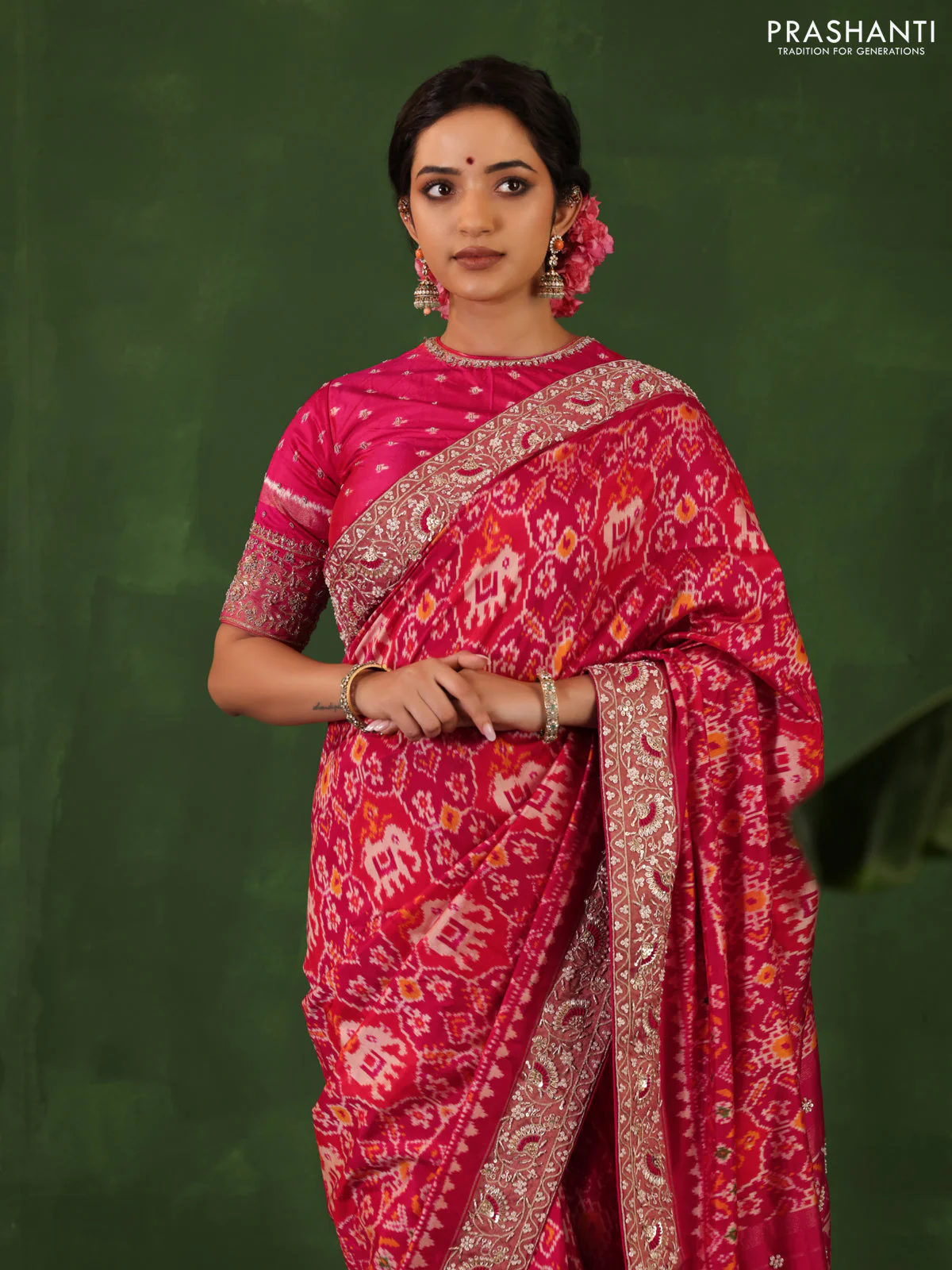 Pink Pochampally silk saree with allover ikat weaves and Embroidered border - Image 2
