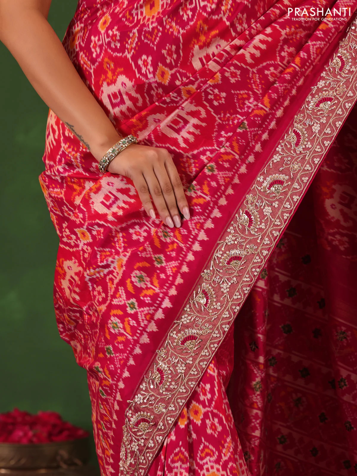 Pink Pochampally silk saree with allover ikat weaves and Embroidered border - Image 3
