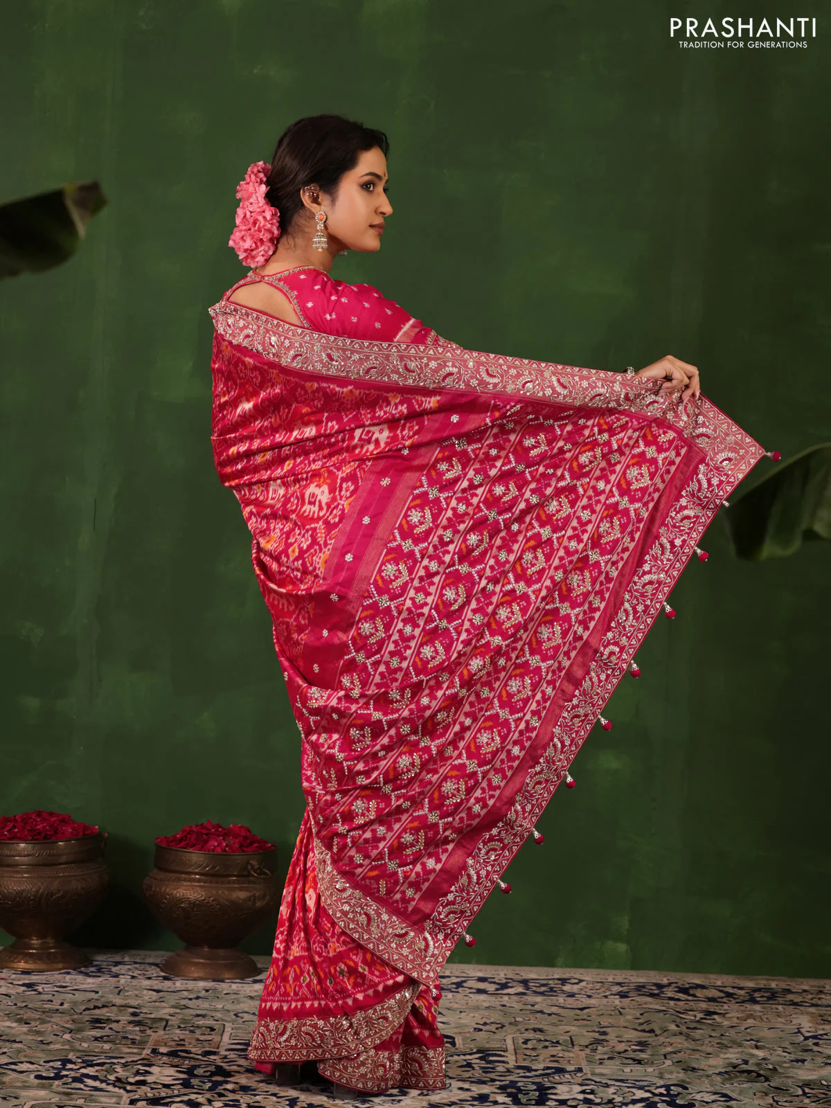 Pink Pochampally silk saree with allover ikat weaves and Embroidered border - Image 4