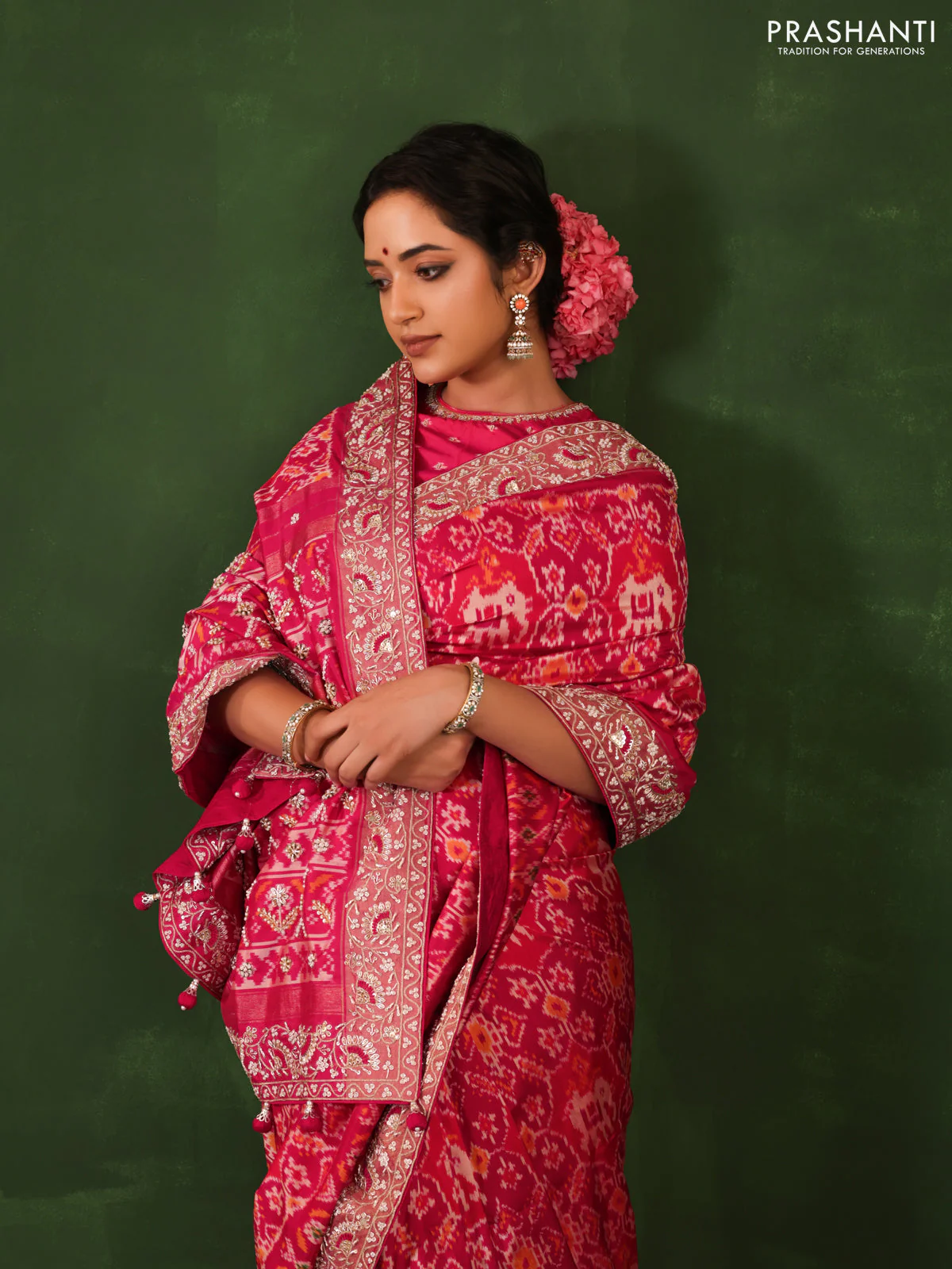 Pink Pochampally silk saree with allover ikat weaves and Embroidered border - Image 5