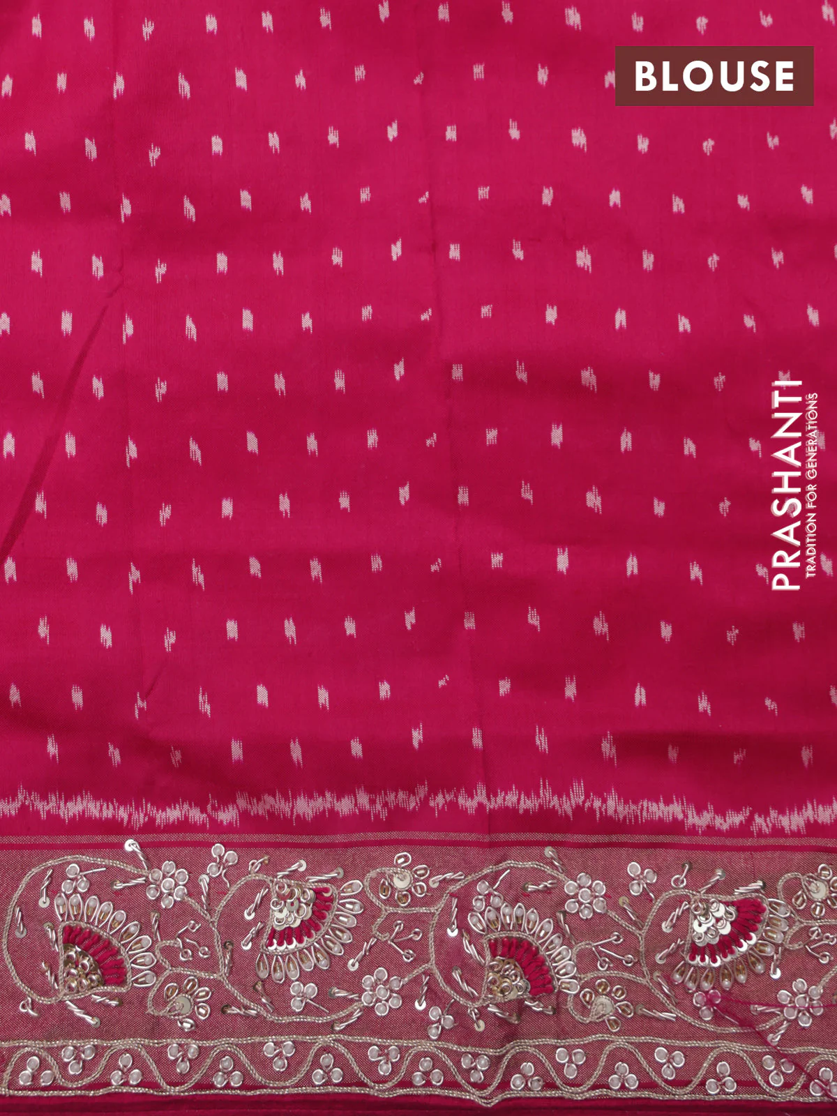 Pink Pochampally silk saree with allover ikat weaves and Embroidered border - Image 6