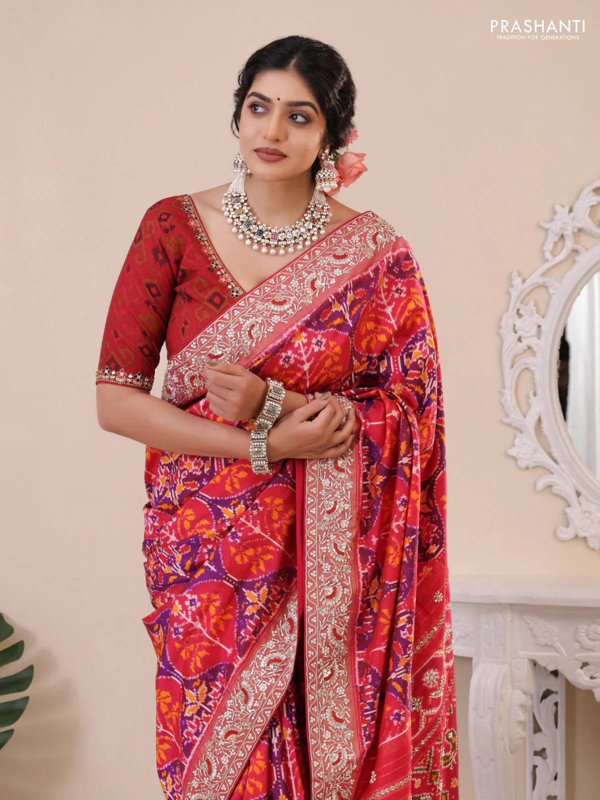 Pink Pochampally silk saree with allover ikat weaves and Embroidered border - Image 2