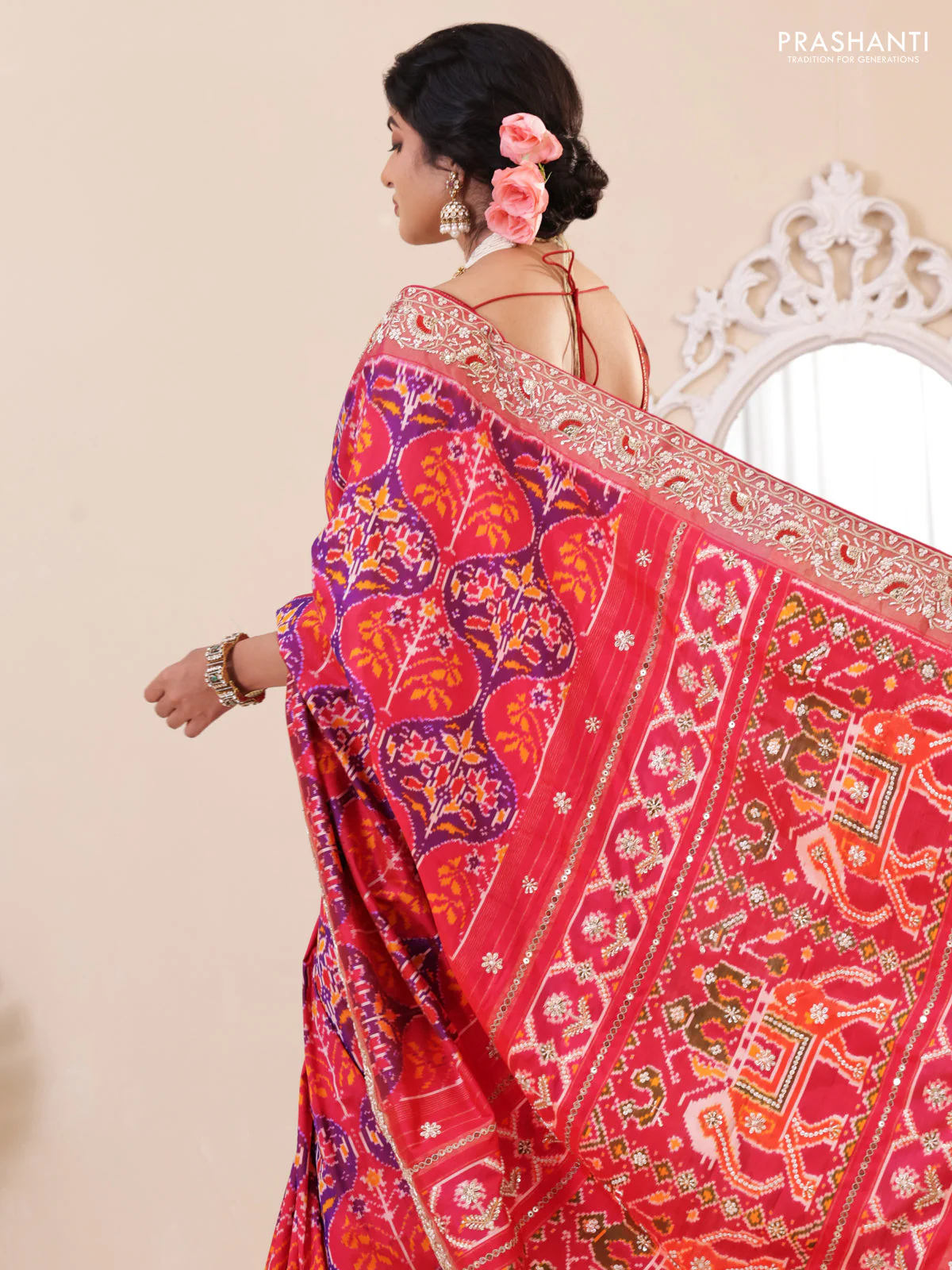 Pink Pochampally silk saree with allover ikat weaves and Embroidered border - Image 4