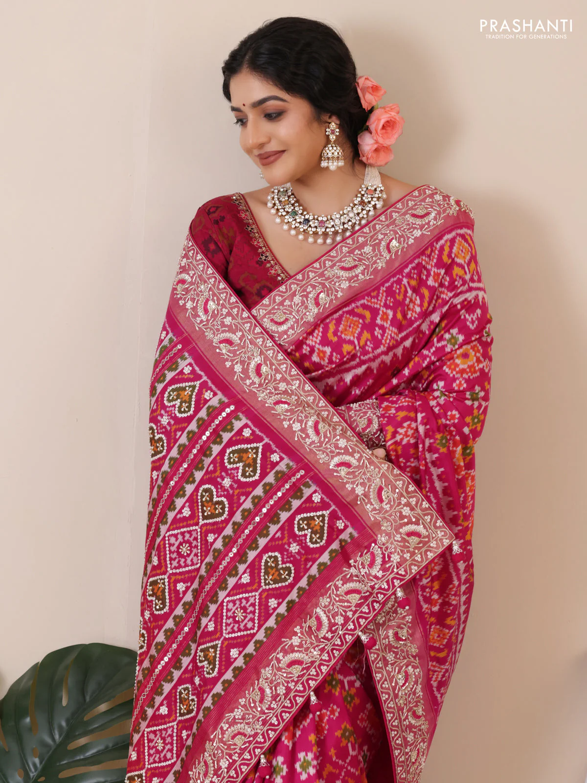 Pink Pochampally silk saree with allover ikat weaves and Embroidered border - Image 2